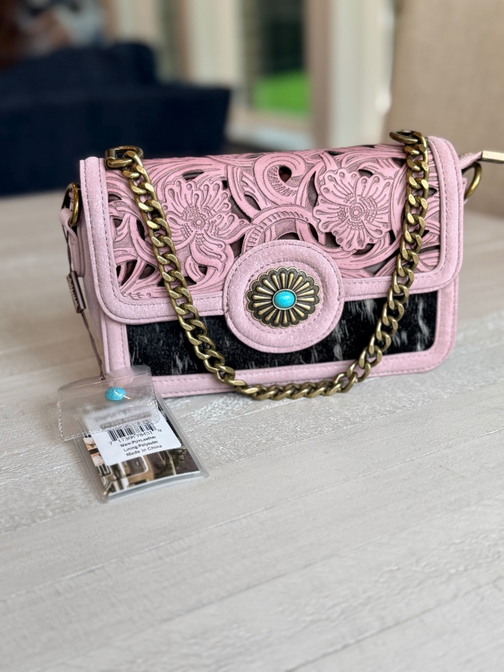 Trinity Ranch Cowhide Floral Cutout Crossbody Bag Pink
